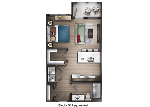 Floor plan for studio, 1 bath, 515 sqft